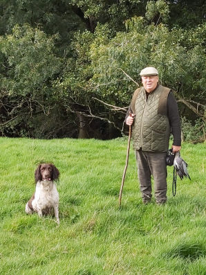a man and his springer spaniel waiting to whistle to start retrieving game birds 